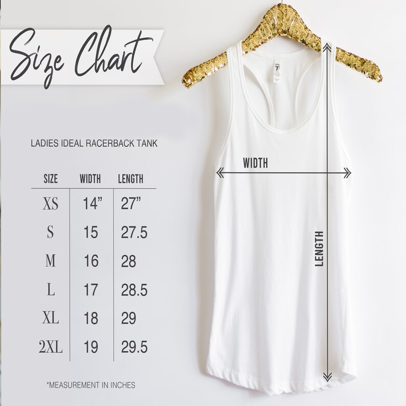 May include: Size chart for a racerback tank top with measurements in inches for width and length. Sizes include XS, S, M, L, XL, and 2XL.