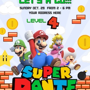 Mario Bros Party Prop Kit, digitale uitnodiging, taarttopper, gepersonaliseerde souvenirnamen, digitaal achtergrondbestand, vloerbestand en rekwisieten