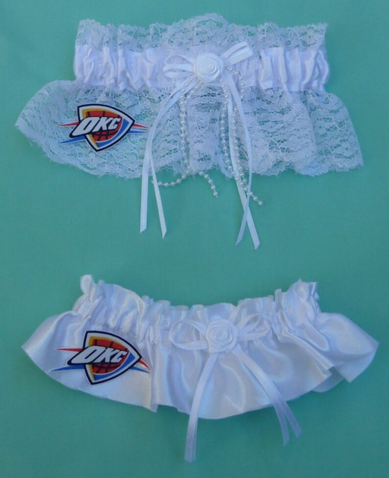 Wedding Garter Set Oklahoma City Thunder OKC Themed Lace and Satin Bridal Garters