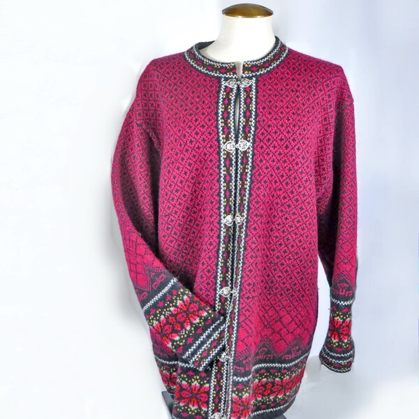 Wool Cardigan Sweater Women Clothing Nordic Style Pewter Clasps 1X, XL Frost Woman Hong Kong Red Black Fall Winter