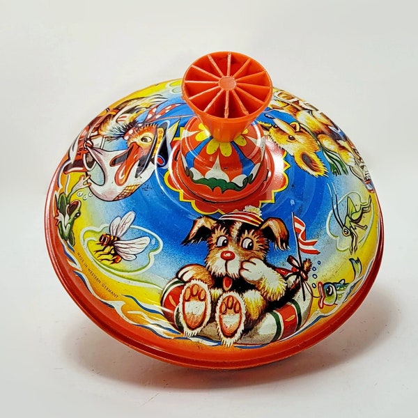 Vintage Children's Spinning Toy Top, Made by LBZ in West Germany, Animals at Beach