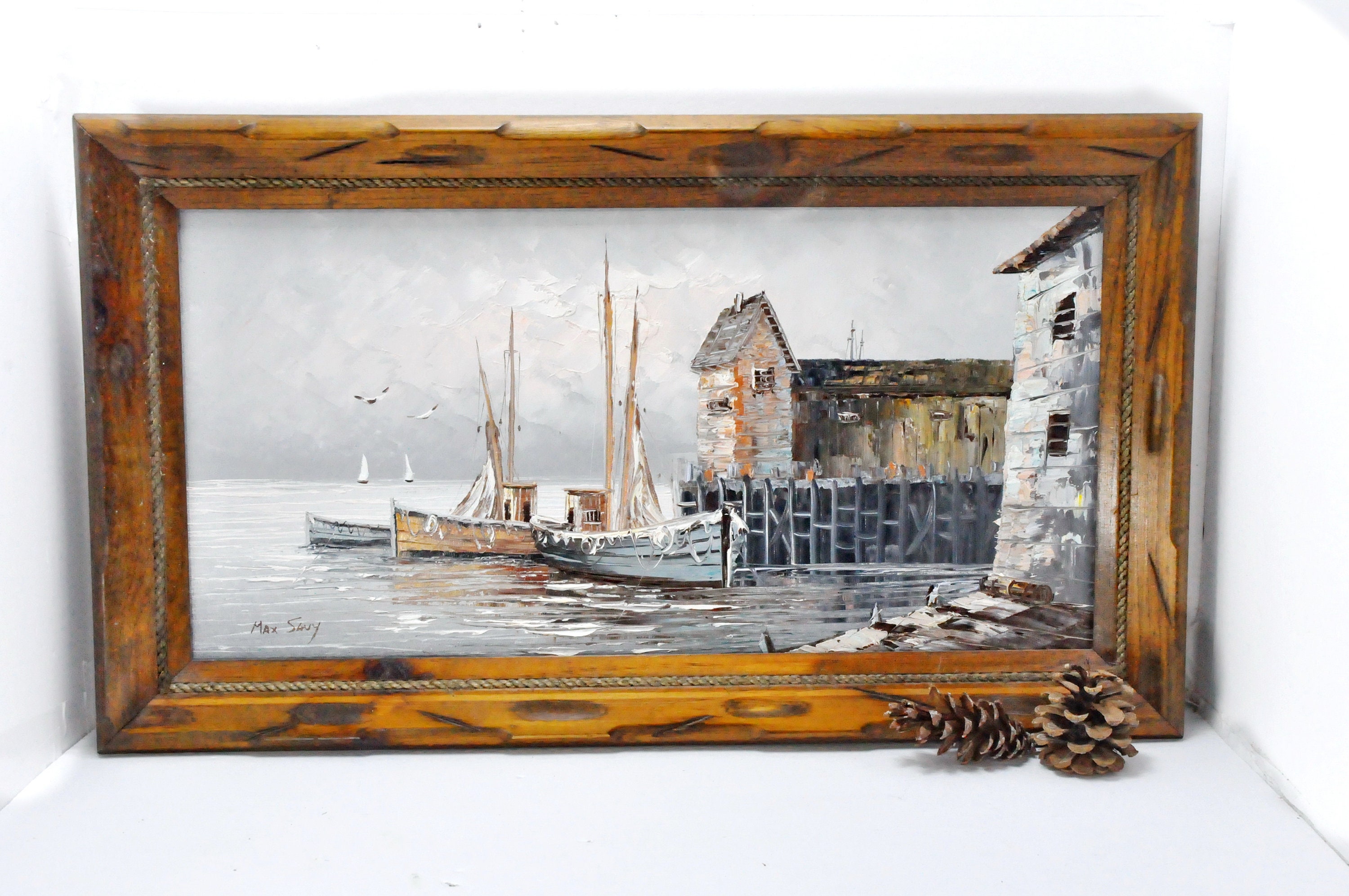 MAX SAVY港の風景 油彩画 Spectacular Original Oil Painting by Max Savy With