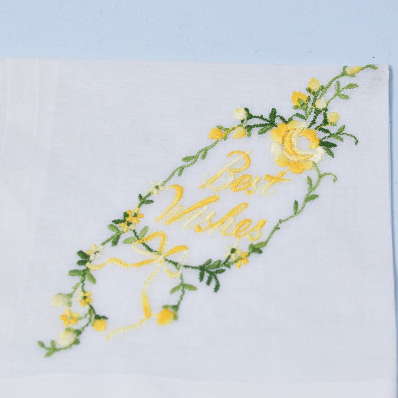 Best Wishes Cotton Linen Embroidered Handkerchief Yellow Green Flowers Leaves Wedding Bride