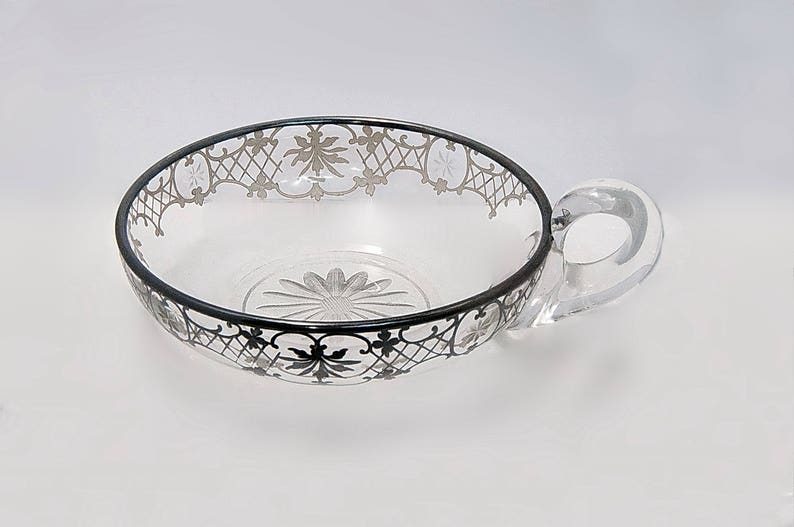 Silver Overlay Glass Dish Handle Etched Glass Flower Pattern Etsy