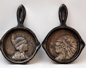Vintage Cast Iron Native American First Nations Indian Miniature Frying Pan Collectibles Pair Man Woman
