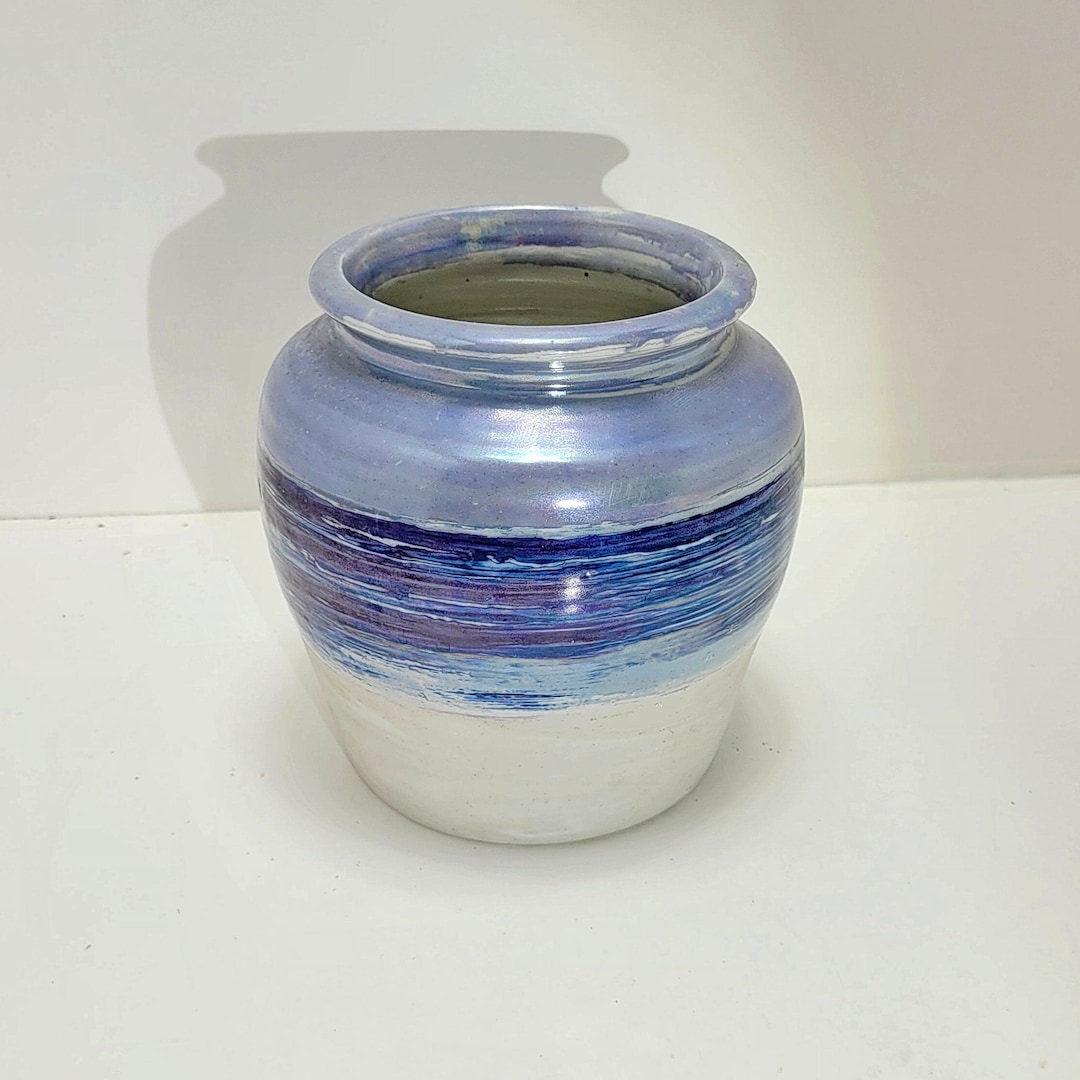 Blue White Pottery Vase, Signed Campbell Halifax NS 1987, Beach Cottage