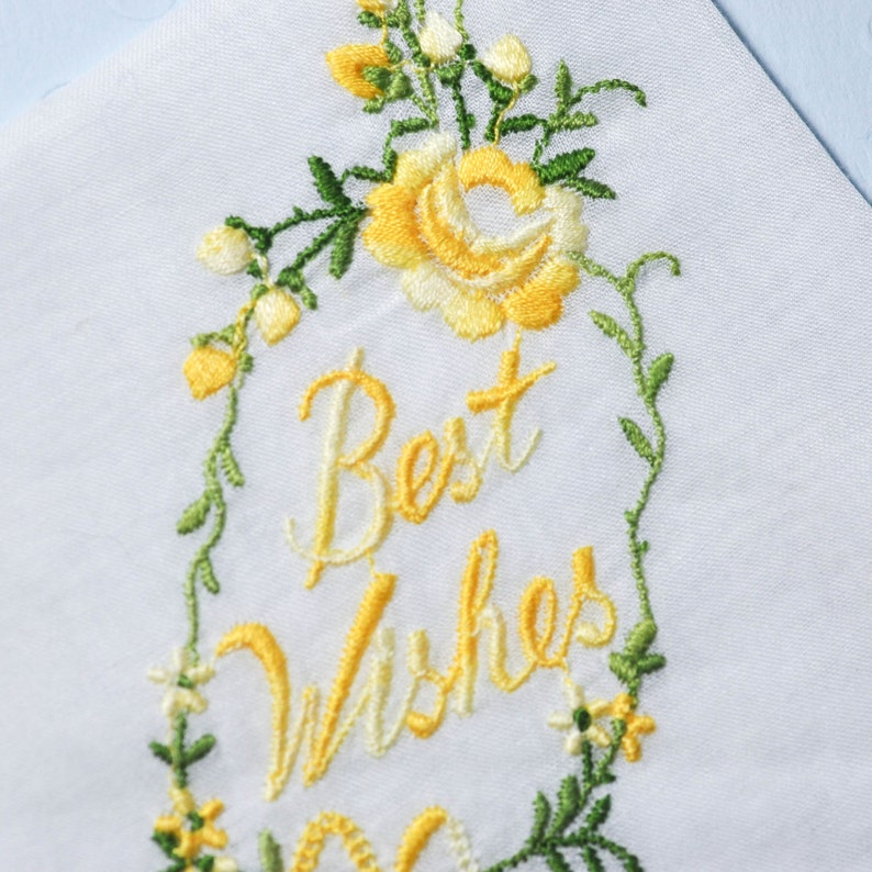 Best Wishes Cotton Linen Embroidered Handkerchief Yellow Green Flowers Leaves Wedding Bride