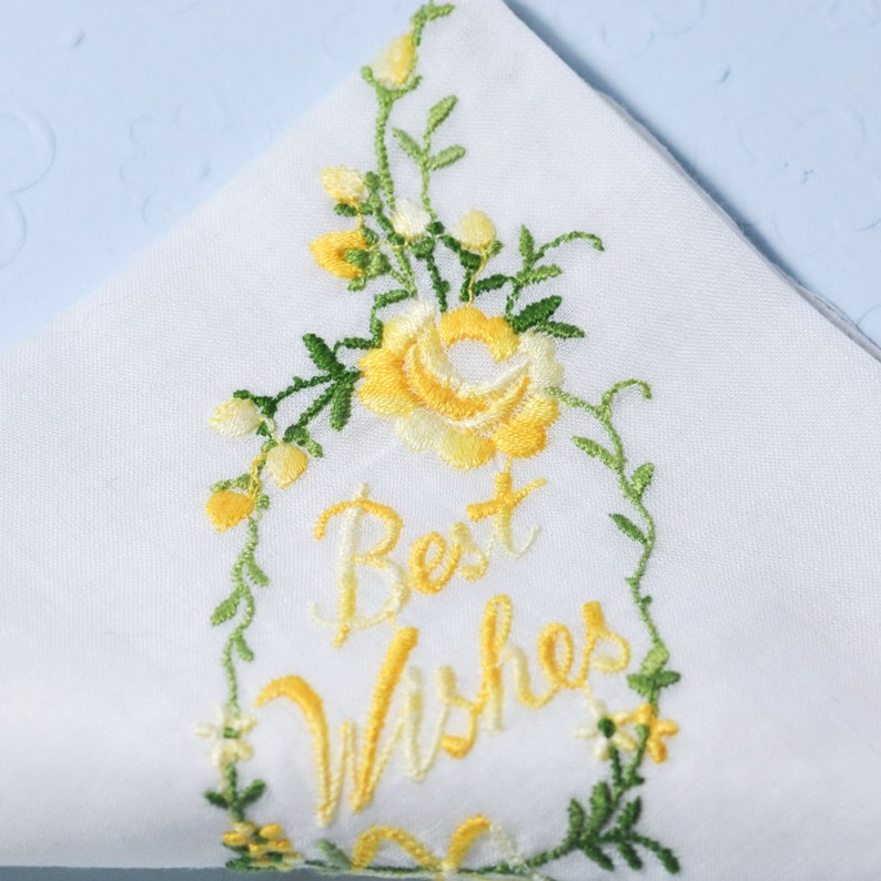 Best Wishes Cotton Linen Embroidered Handkerchief Yellow Green Flowers Leaves Wedding Bride
