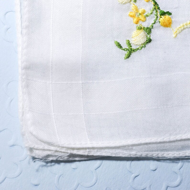 Best Wishes Cotton Linen Embroidered Handkerchief Yellow Green Flowers Leaves Wedding Bride