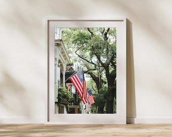 Savannah GA, Fourth of July Historic Jones Street Photography: Digital Download of American Flags on Historic Homes Wall Art of The South