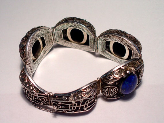 Antique Chinese Sterling Filigree Lapis Lazuli Pa… - image 3