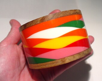 Massive French Bakelite Lucite and Wood Haute Couture Runway Statement Bangle Bracelet