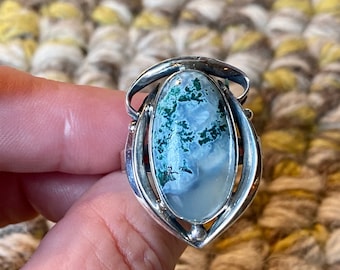 Antique Jugendstil Art NOUVEAU Sterling Silver MOSS Agate Ring