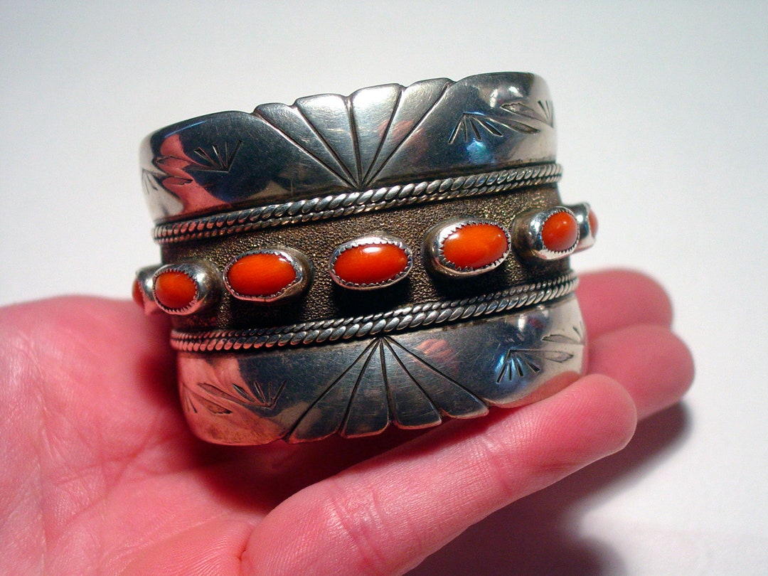 Huge Navajo Sterling Silver and CORAL Native American Cuff Bracelet ...