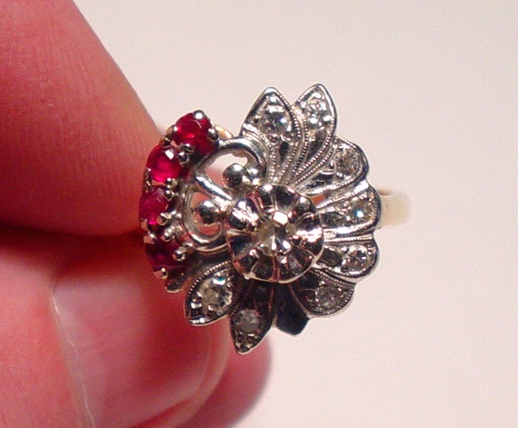 Art Deco Retro 14K DIAMOND and RUBY Floral Ring - image 1