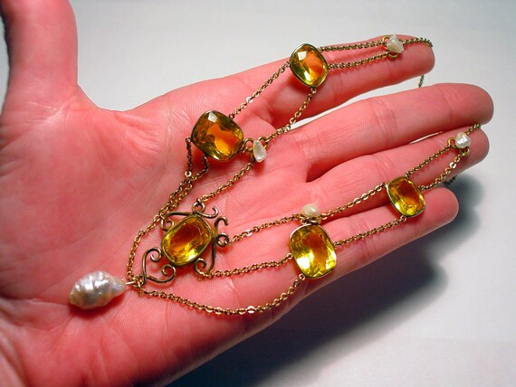 GEORGIAN Victorian 10K Citrine and Baroque Pearl F