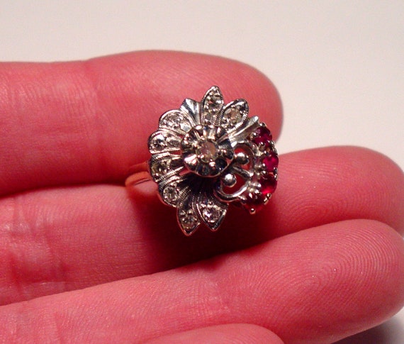 Art Deco Retro 14K DIAMOND and RUBY Floral Ring - image 5