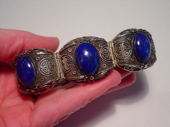 Antique Chinese Sterling Filigree Lapis Lazuli Pa… - image 1