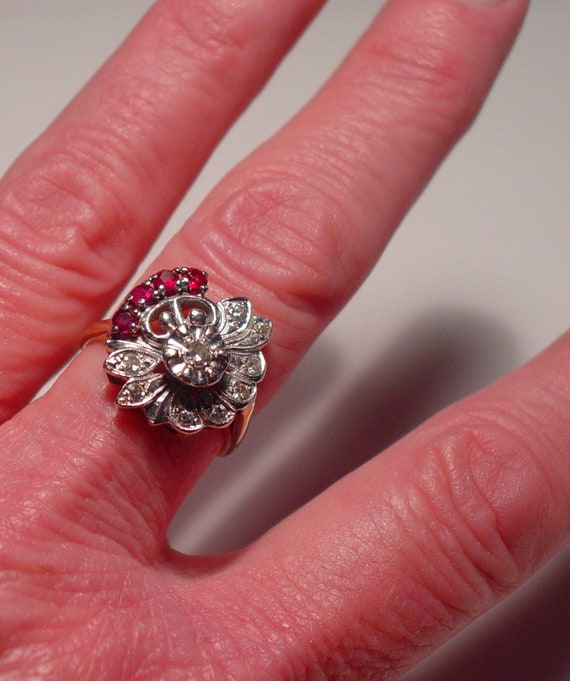 Art Deco Retro 14K DIAMOND and RUBY Floral Ring - image 2