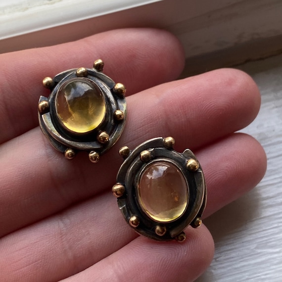 Margaret ELLIS Modernist Sterling and 18K Citrine Stud EARRINGS, Signed
