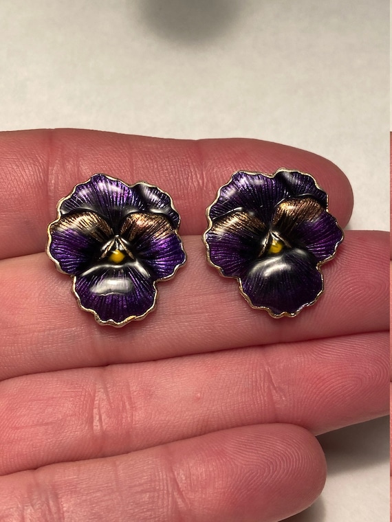 Vintage Sterling Silver and ENAMEL PANSY Flower P… - image 1