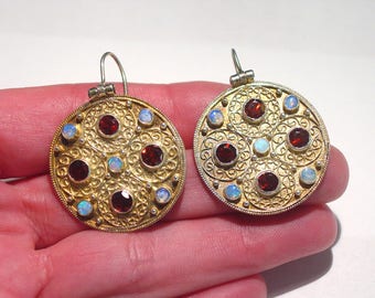 Large BYZANTINE 24K Sterling Silver OPAL and Garnet Pierced Dangle Earrings