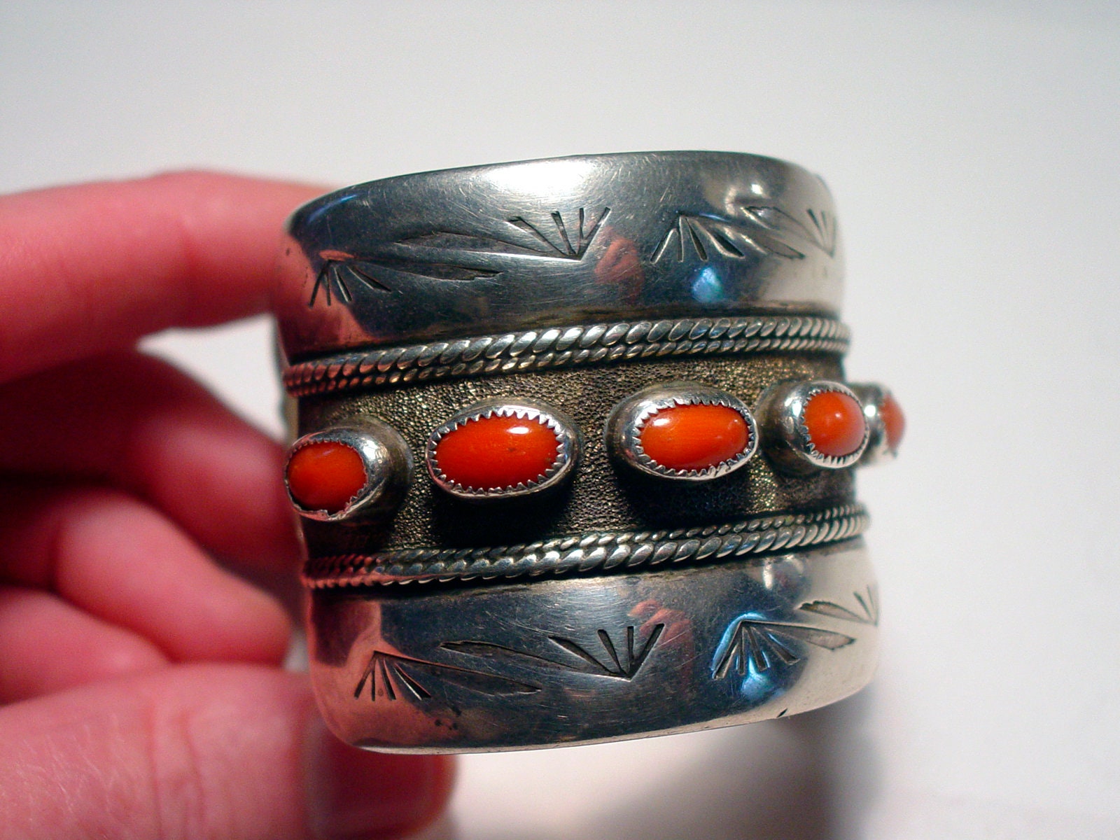 Huge Navajo Sterling Silver and CORAL Native American Cuff Bracelet ...