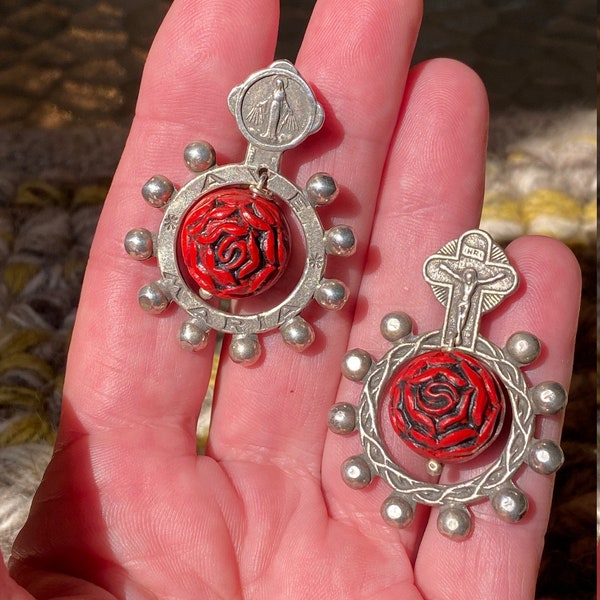 Vintage Sweetbird SWEET BIRD STUDIO Chased Sterling Silver Carved Rose Frida Kahlo "Ave Maria" Icon Earrings