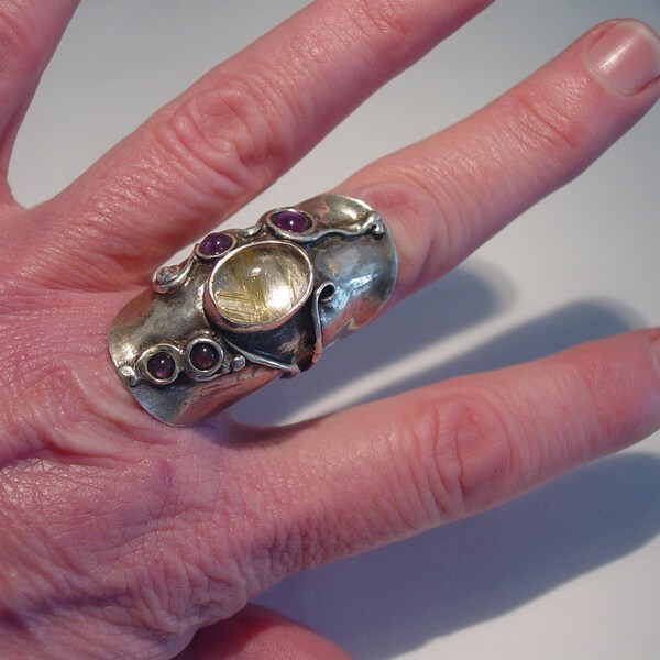 Large Vintage Brutalist Sterling Silver Rutilated Quartz and Amethyst KNUCKLE Armor RING, Signed