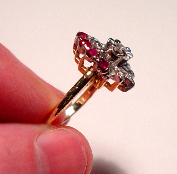 Art Deco Retro 14K DIAMOND and RUBY Floral Ring - image 3