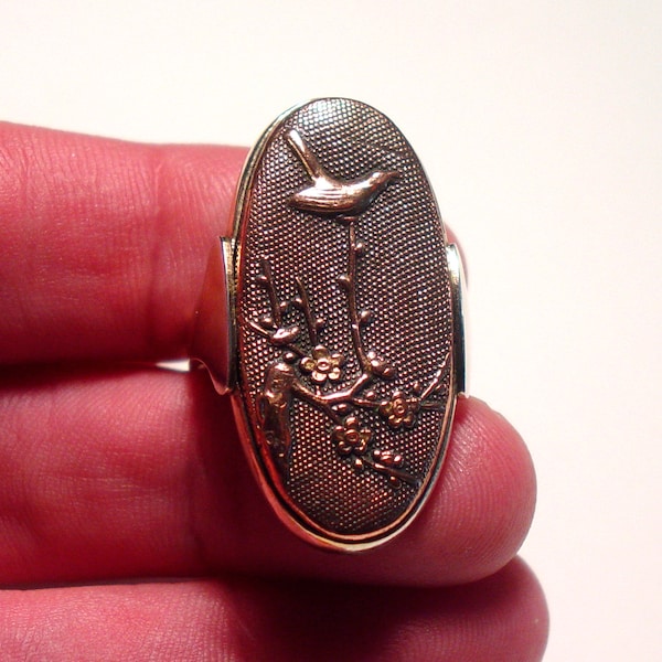 Large Antique Japanese SHAKUDO Mixed Metals Bird and Cherry Blossom MEIJI Ring
