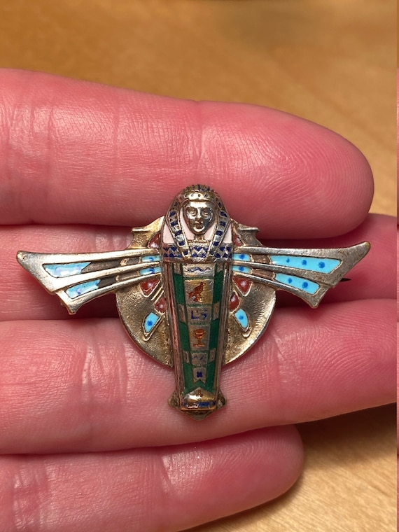 Art Nouveau Sterling Enamel Winged Sarcophagus King Tut BROOCH