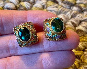 Vintage Sterling Silver Vermeil Floral Filigree Enamel Emerald Crystal Pierced Stud Earrings