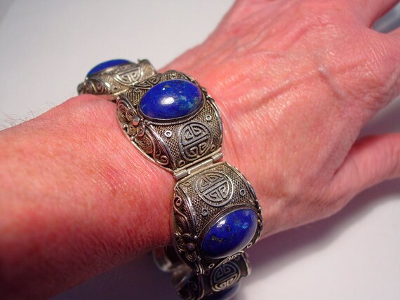 Antique Chinese Sterling Filigree Lapis Lazuli Pa… - image 2