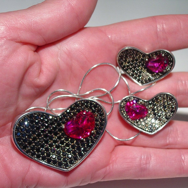 BELLE ETOILE Sterling Silver Pave Black and Pink Spinel HEART in Mine Necklace and Pierced Earring Set