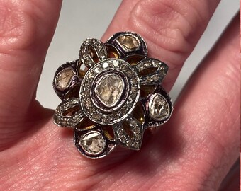 Vintage Sterling Silver 2 Carat POLKI and Rose Cut DIAMOND Ring