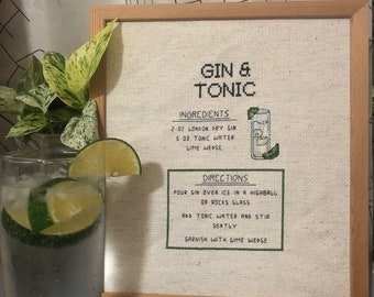 Gin and Tonic Cocktail Recipe Cross Stitch Pattern Digital Download, Cocktail Cross Stitch, Bar Decor, G&T