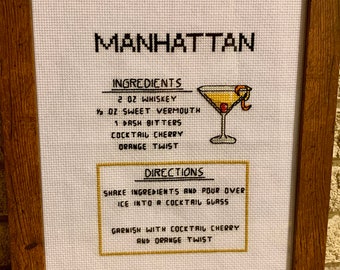 Manhattan Cocktail Recipe Cross Stitch Pattern Digital Download, Cocktail Cross Stitch, Bar Decor, Whiskey
