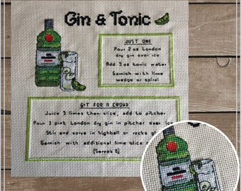 Gin and Tonic Cocktail Recipe Cross Stitch Pattern Digital Download, Cocktail Cross Stitch, Bar Decor, G & T