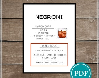 Negroni Cocktail Recipe Cross Stitch Pattern Digital Download, Cocktail Cross Stitch, Bar Decor, Gin
