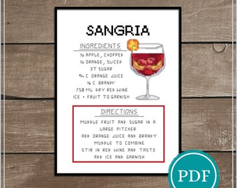 Sangria Recipe Cross Stitch Pattern Digital Download, Cocktail Cross Stitch, Bar Decor, Spanish Sangria, Red Wine