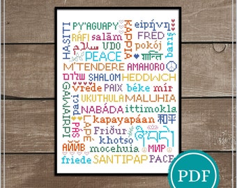 Peace Around the World Digital Cross Stitch Pattern Download, Peace in Different Languages, Typographic Peace Cross Stitch