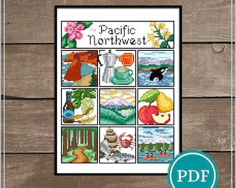 Pacific Northwest Sampler Cross Stitch Digital Download, PNW Region Sampler, Cascadia Cross Stitch Pattern, Oregon, Washington