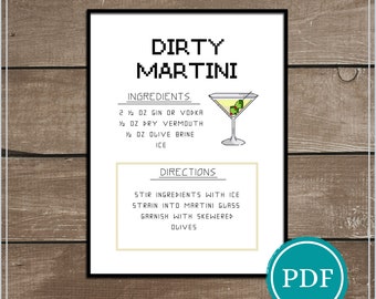 Dirty Martini Recipe Cross Stitch Pattern Digital Download, Cocktail Cross Stitch, Bar Decor, Cocktail Recipe