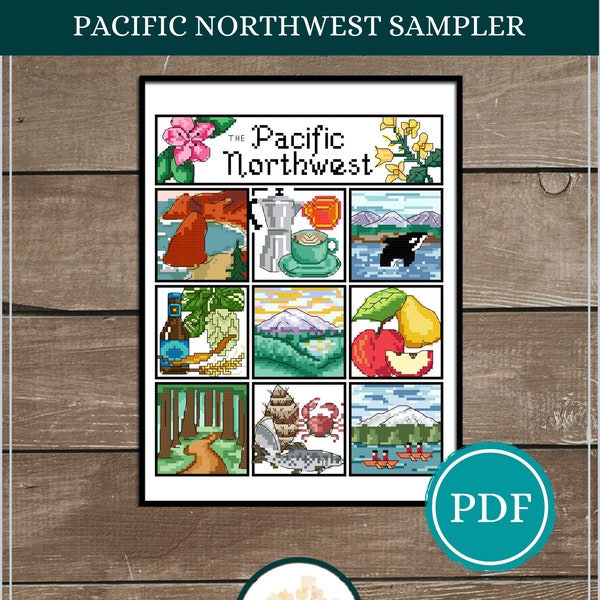 Pacific Northwest Sampler Cross Stitch Digital Download, PNW Region Sampler, Cascadia Cross Stitch Pattern, Oregon, Washington