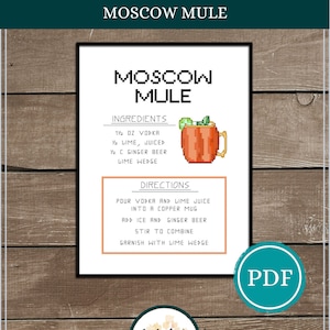 Moscow Mule Cocktail Recipe Cross Stitch Pattern Digital Download, Cocktail Cross Stitch, Bar Decor