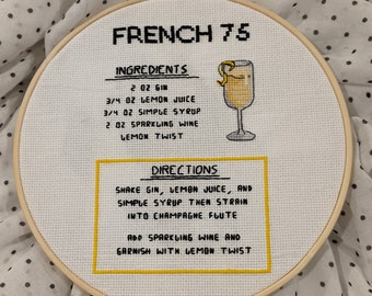 French 75 Cocktail Recipe Cross Stitch Pattern Digital Download, Cocktail Cross Stitch, Bar Decor, Gin, Champagne