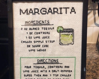 Margarita Recipe Cross Stitch Pattern Digital Download, Cocktail Cross Stitch, Bar Decor, Tequila, Cocktail Recipe