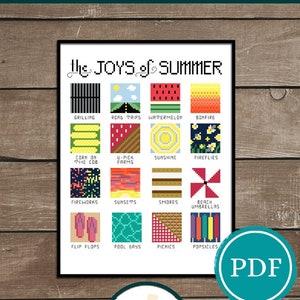 The Joys of Summer Cross Stitch Pattern Digital Download, Gift for Her, Gift for Him, Home Decor, Wall Decor image 1