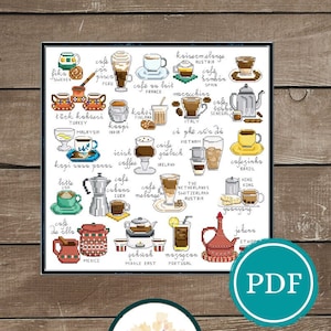 Coffee of the World #2 Cross Stitch Pattern Digital Download, Gift for Her, Traveler, Coffee Lover, Gift for Him, Home Decor, Wall Decor